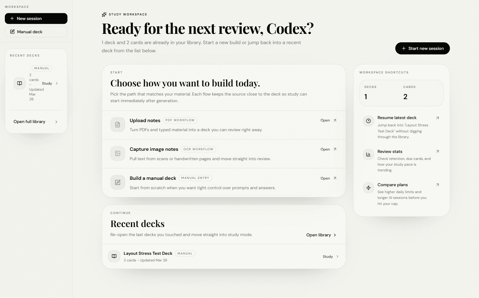 StudyAI dashboard showing workspace actions, recent decks, and shortcuts