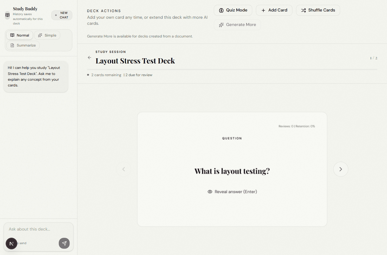 StudyAI study session with flashcard review and Study Buddy side panel